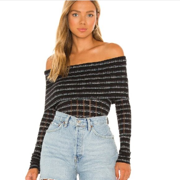Free People SnowBunny Top Black Striped Off Shoulder NWT Size Medium Boho - Picture 1 of 12
